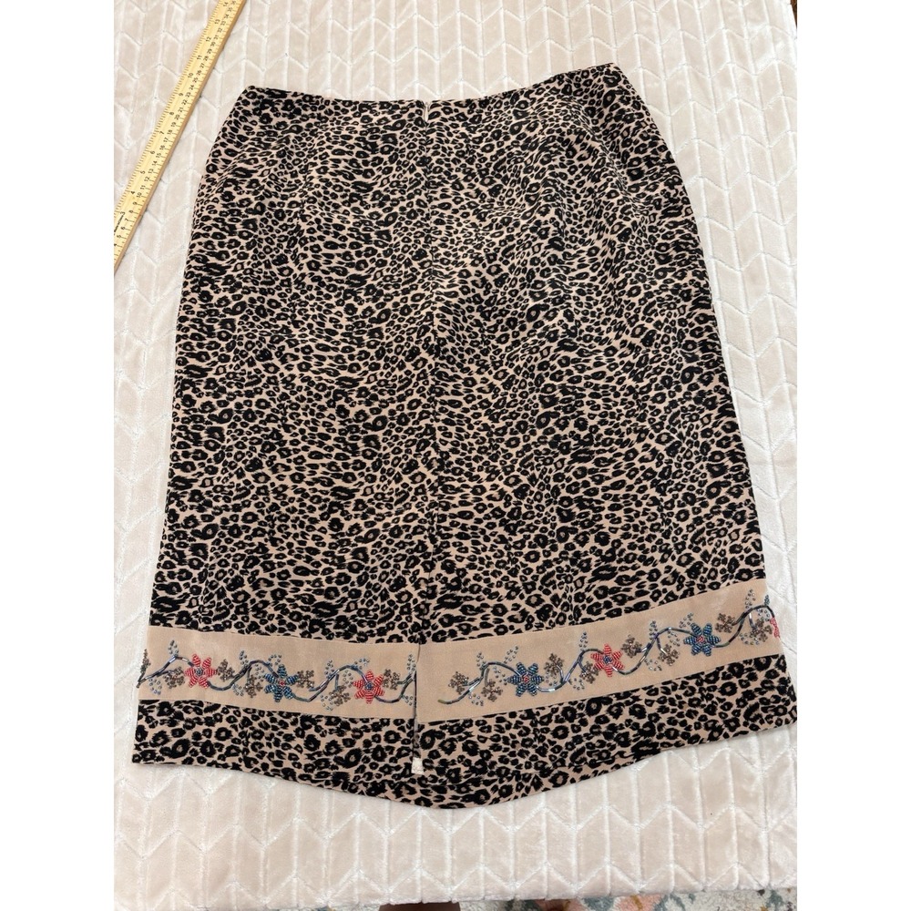 Vintage 90s Silk Club Skirt 14 Leopard Print Beaded Floral Boho Luxury Career - Picture 10 of 13